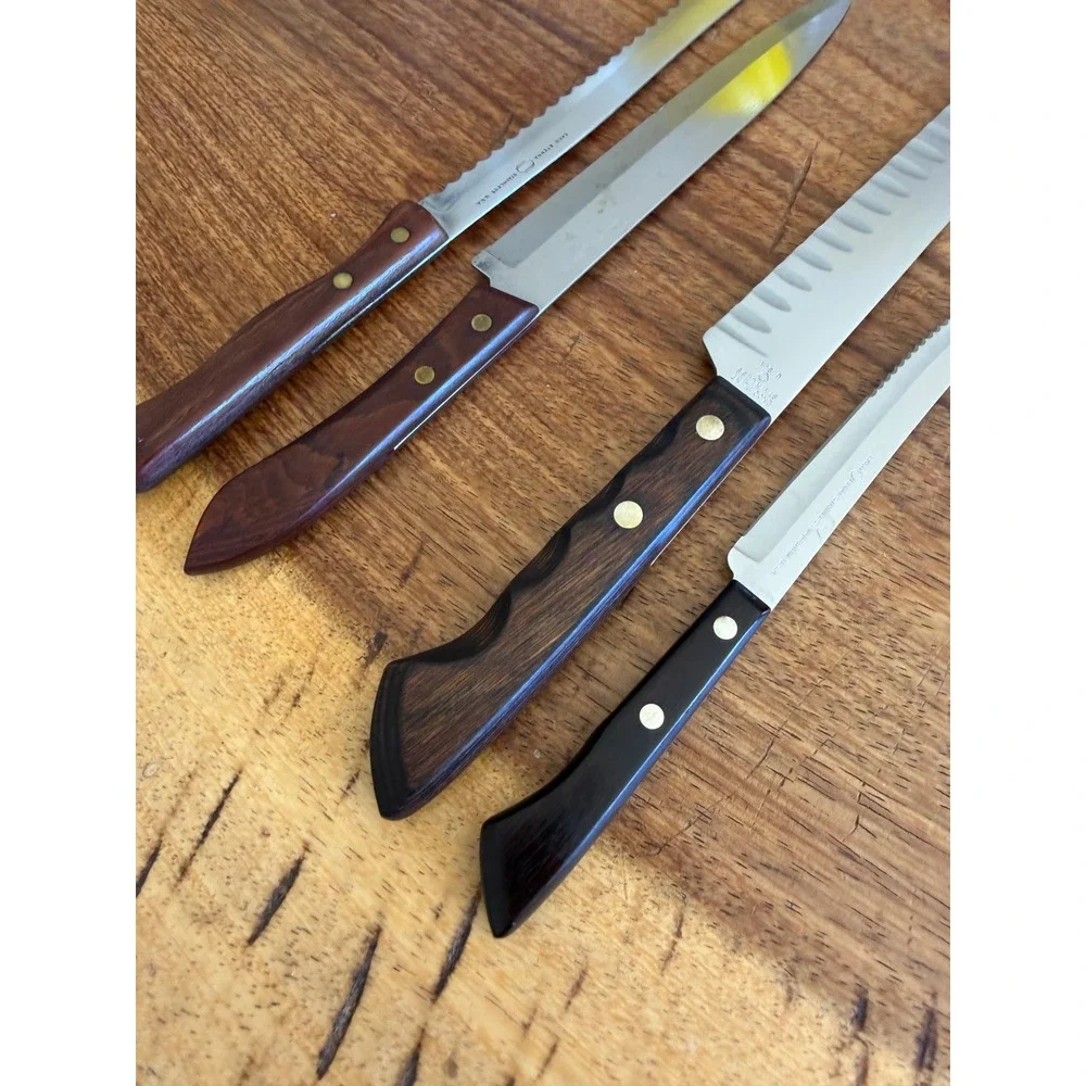 Vintage Ekco Flint Eterna Knife 4pc Stainless Wood Handle USA Slicer Serrated